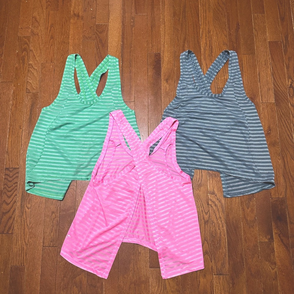 Zyia Activewear Striped open Racerback Tank Tops - Green, Pink, Gray